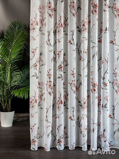 Тюль лен Сакура (гранатовый)