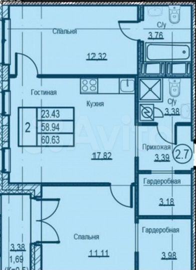2-к. квартира, 60,6 м², 5/13 эт.