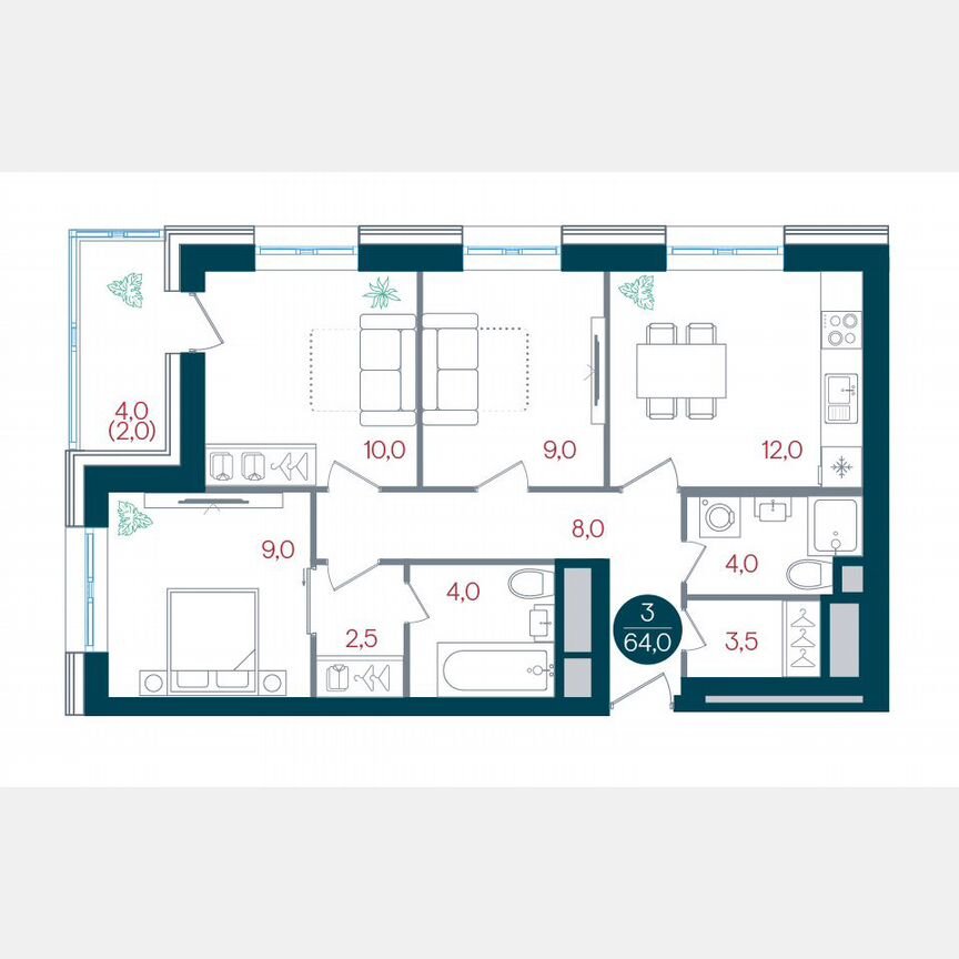 3-к. квартира, 64 м², 25/32 эт.