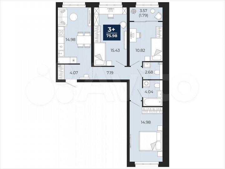 3-к. квартира, 76 м², 2/22 эт.