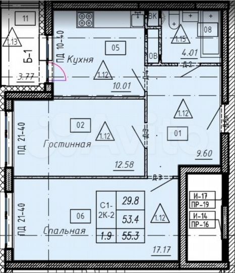 2-к. квартира, 55,3 м², 12/25 эт.