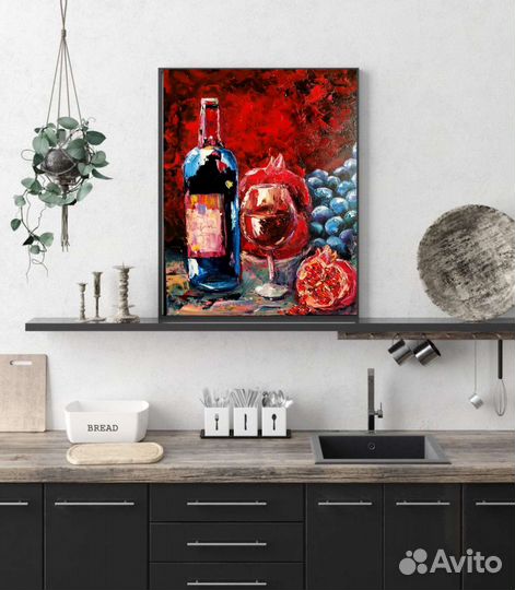 Натюрморт маслом, с вином и фруктами