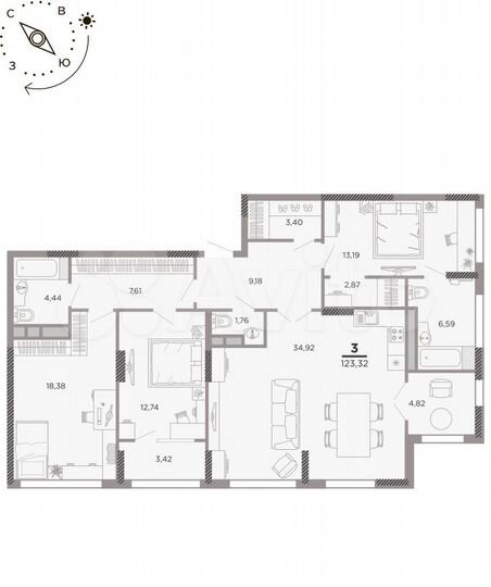 3-к. квартира, 121,6 м², 24/25 эт.