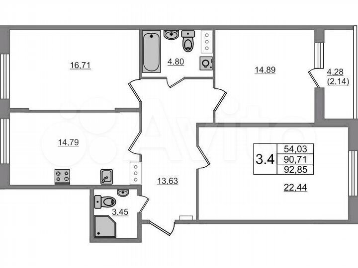 3-к. квартира, 92,9 м², 7/8 эт.