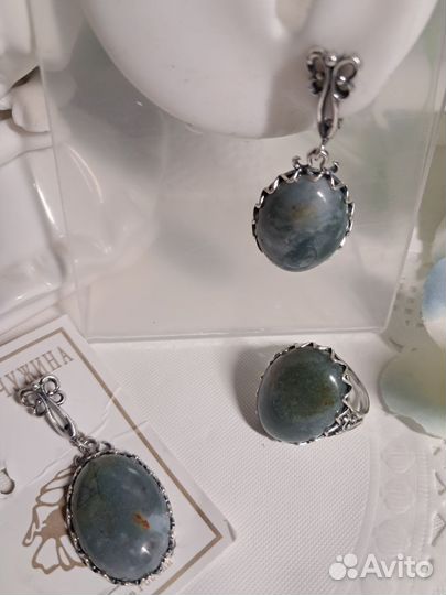 Серьги и кольцо 19 моховой агат серебрение