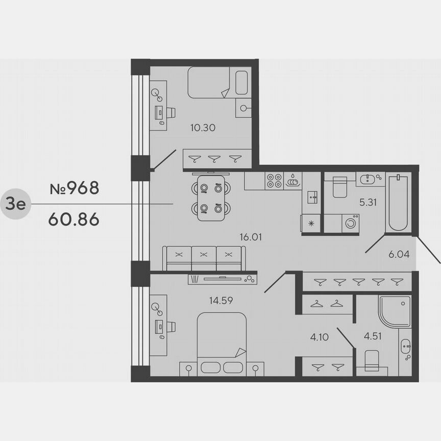 2-к. квартира, 60,9 м², 3/18 эт.