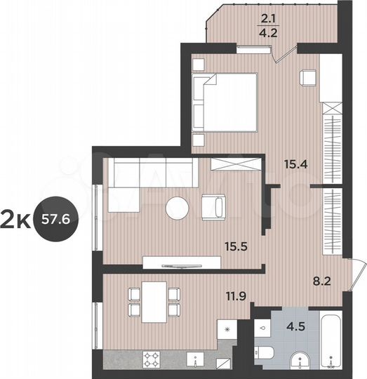 2-к. квартира, 57,6 м², 2/9 эт.