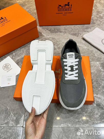 Кроссовки Hermes текстиль замша серые