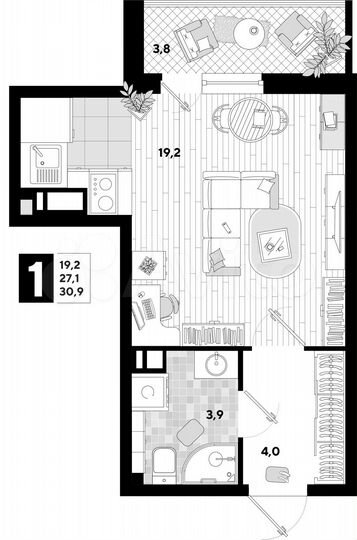 Квартира-студия, 30,9 м², 3/16 эт.