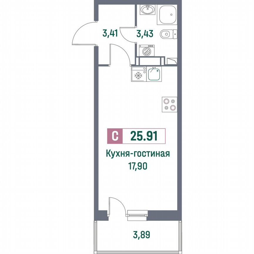 Квартира-студия, 25,9 м², 15/16 эт.
