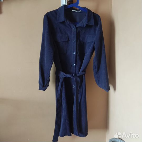 Платье-рубашка 46 синий вельвет