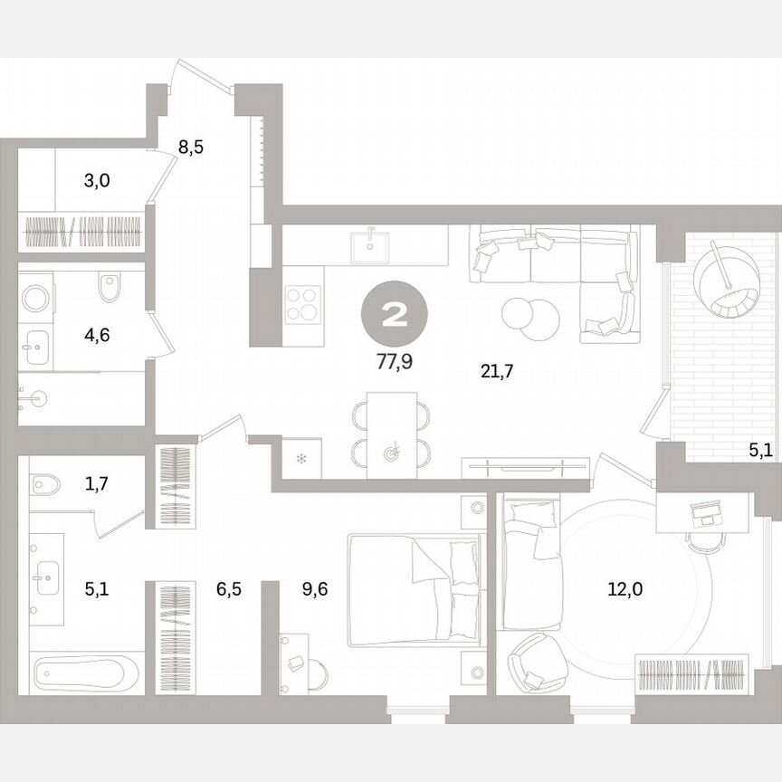2-к. квартира, 76,4 м², 13/16 эт.