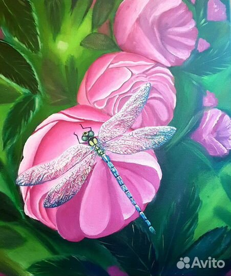 Картина маслом на холсте стрекоза в саду