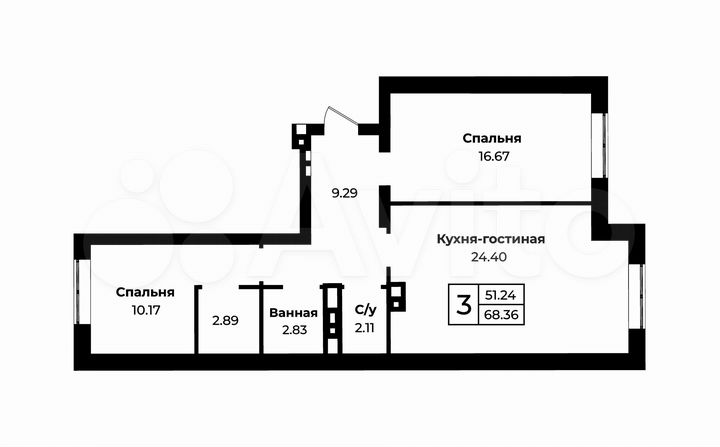 3-к. квартира, 68,4 м², 2/9 эт.