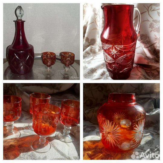 Винтажный кувшин, графин с рюмками, рюмки, ваза