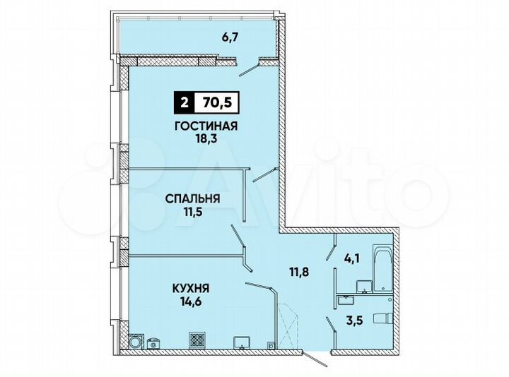 2-к. квартира, 70,5 м², 2/16 эт.