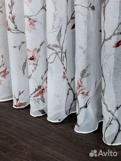 Тюль лен Сакура (гранатовый)