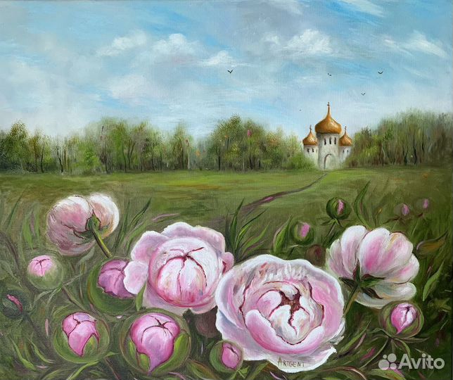 Картина маслом на холсте с пионами