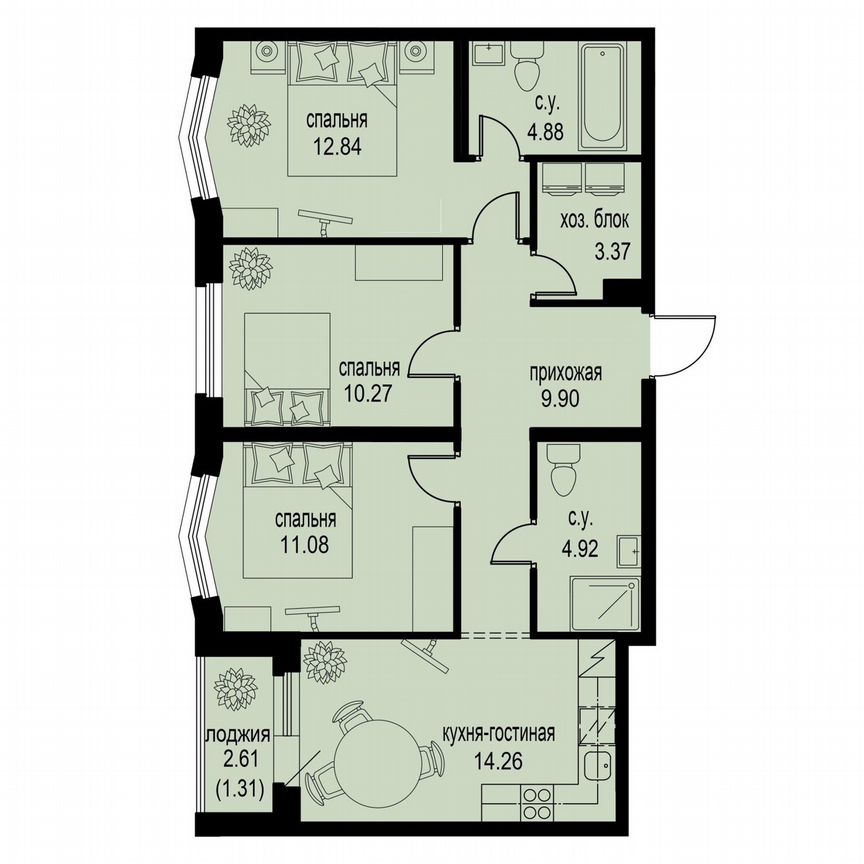 3-к. квартира, 72,8 м², 2/12 эт.