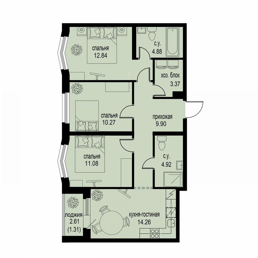 3-к. квартира, 72,8 м², 2/12 эт.