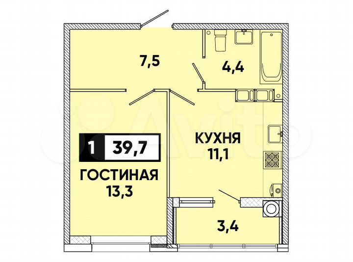 1-к. квартира, 40 м², 9/12 эт.