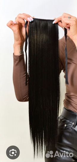 Новый хвост чёрный шиньон на ленте 50 см