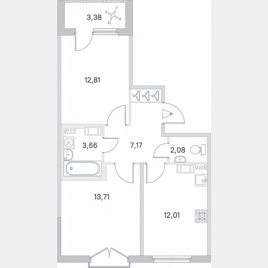 2-к. квартира, 53,1 м², 3/4 эт.