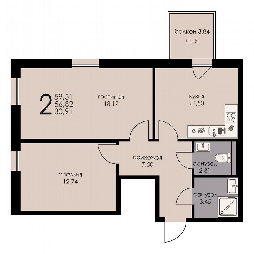 2-к. апартаменты, 56,8 м², 3/6 эт.