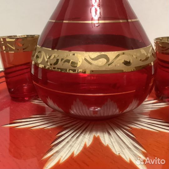 Графин, стопки, поднос, красное стекло, СССР