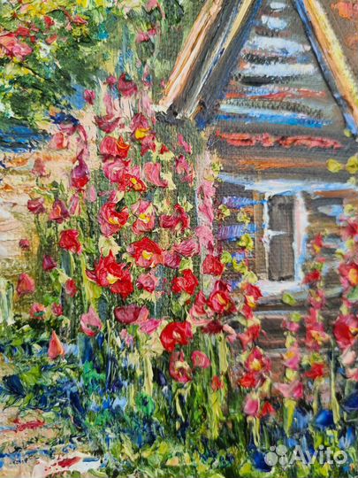 Картина маслом пейзаж домик цветы на холсте