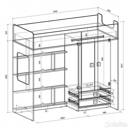 Кровать чердак с рабочей зоной и лесенкой камодом