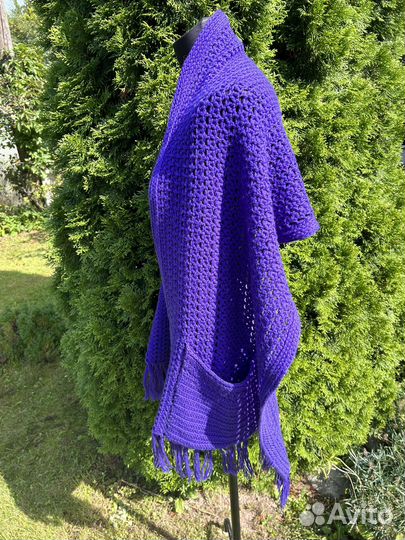 Палантин накидка вязаная с карманами 100 шерсть