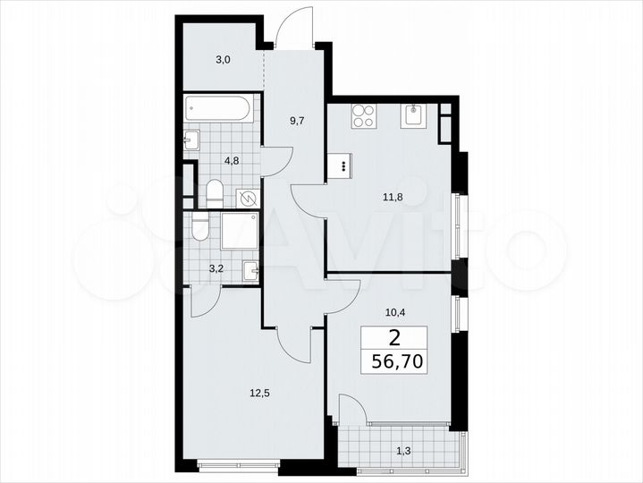 2-к. квартира, 56,7 м², 15/16 эт.
