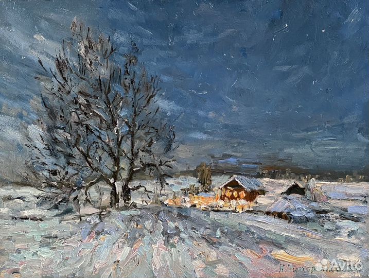 Картина маслом, пейзаж, Зимний домик в феврале