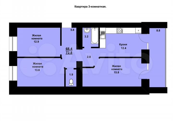 1-к. квартира, 72,8 м², 4/14 эт.