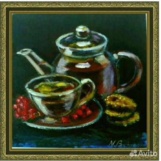 Картина маслом на картоне,Вечерний чай