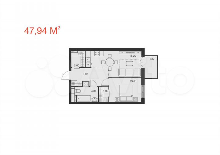 1-к. квартира, 47,9 м², 21/25 эт.