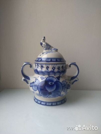 Гжель сахарница с птичкой фарфор винтаж новая