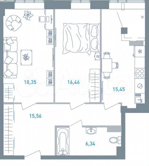 2-к. квартира, 73 м², 3/19 эт.