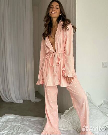 Костюм домашний с халатом брюками и топом 3в1