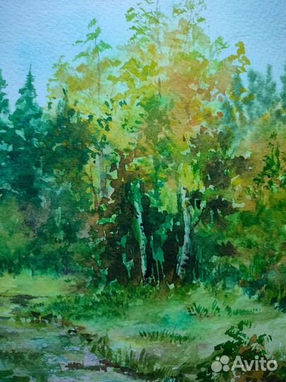 Картина акварелью летний пейзаж в лесу