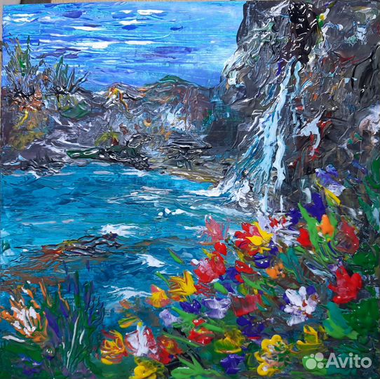 Картина С цветами, картина водопад