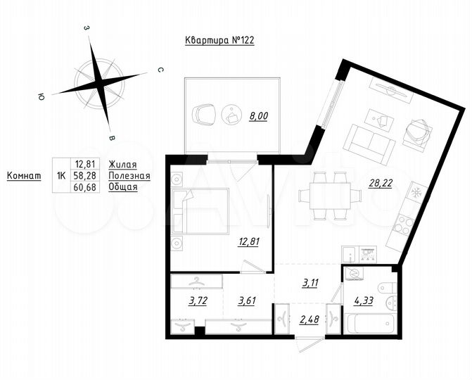 1-к. квартира, 60,7 м², 1/5 эт.