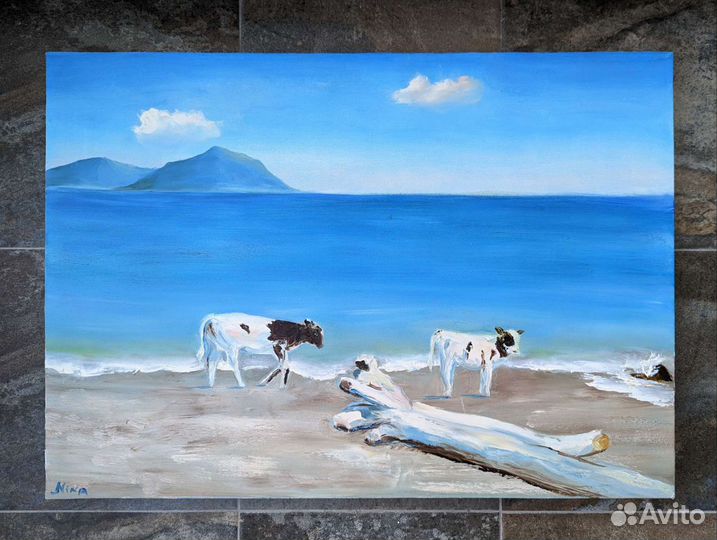 Коровы на берегу. Картина, холст, масло