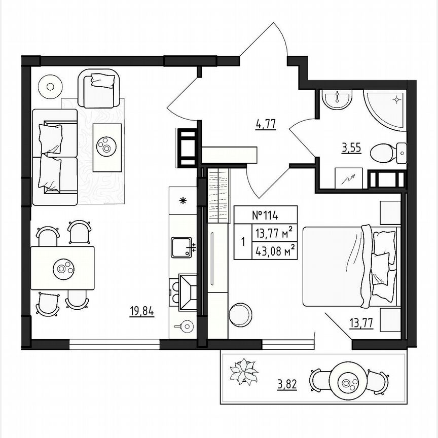 1-к. квартира, 43,1 м², 2/4 эт.
