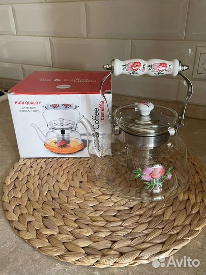 Чайник стеклянный заварочный 1.2 л, маки