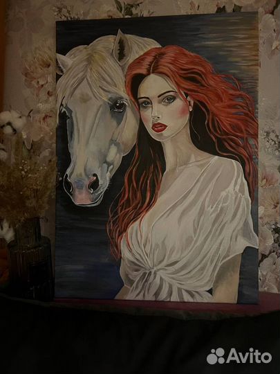 Картина с девушкой и лошадью интерьерная