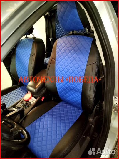 Чехлы Ford Focus 2 из экокожи чёрно-синие Ромб