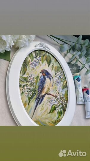 Птица Ласточка картина маслом холст овал 20х30 см