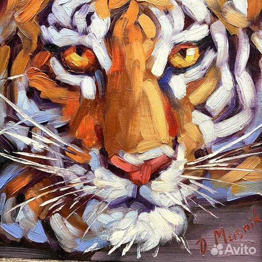 Тигр картина маслом в раме 23х28 см